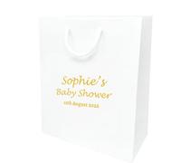COOKIES AND KOALAS Personalised Foil Baby Shower Bag Gift - Small 20×24×10 cm - White - Custom Name & Message - Luxury Baby Shower Party Favour Bag with Gold or Silver Foil Print