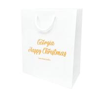 COOKIES AND KOALAS Personalised Foil Xmas Bag - Small White 20×24×10 cm - Custom Name & Message in Gold or Silver Foil - Luxury Xmas Gift Bag for Secret Santa, Family, Friends - Handmade in the UK
