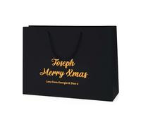 COOKIES AND KOALAS Personalised Foil Xmas Gift Bag - Medium Wide 35×24×10 cm - Black - Custom Name & Message - Luxury Christmas Bag with Gold or Silver Foil Print