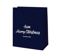 COOKIES AND KOALAS Personalised Foil Xmas Gift Bag - Small 20×24×10 cm - Blue - Custom Name & Message - Luxury Christmas Bag with Gold or Silver Foil Print