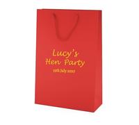COOKIES AND KOALAS Personalised Hen Party Bag Red Medium Tall 25x36x10cm | Real gold or silver foil name, occasion, date printed on thick 210gsm card, rope handles - made for the bride to be