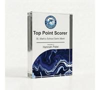 COOKIES AND KOALAS Personalised Swimming Trophy, A7 7.4x10.5cm Mini Custom Acrylic Block Award for Most Improved Swimmer, 2cm Thick Freestanding UV Printed Plaque for Junior Swim Club Awards