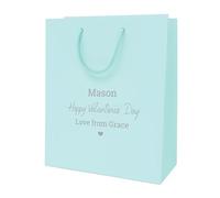 COOKIES AND KOALAS Personalised Valentine’s Day Gift Bag - Custom Luxury Paper Gift Bag with Rope Handles, Gold or Silver Foil - Personalised Valentines Bag for Her, Him, Couple - Small Light Blue