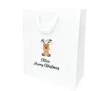 COOKIES AND KOALAS Personalised Xmas Gift Bag - Luxury White Printed Gift Bag- Extra Small 15×19×8 cm - Custom Name with Reindeer Design - Reusable Christmas Packaging Gift for Family, Friends or Kids