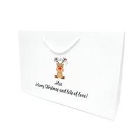 COOKIES AND KOALAS Personalised Xmas Gift Bag - Luxury White Printed Gift Bag - Large 40×30×13 cm - Custom Name with Reindeer Design - Reusable Christmas Packaging Gift for Family, Friends or Kids