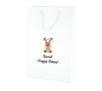COOKIES AND KOALAS Personalised Xmas Gift Bag - Luxury White Printed Gift Bag- Medium Tall 25×36×10 cm- Custom Name with Reindeer Design - Reusable Christmas Packaging Gift for Family, Friends or Kids