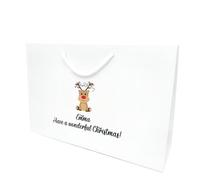 COOKIES AND KOALAS Personalised Xmas Gift Bag - Luxury White Printed Gift Bag- Medium Wide 35×24×10 cm- Custom Name with Reindeer Design - Reusable Christmas Packaging Gift for Family, Friends or Kids