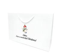 COOKIES AND KOALAS Personalised Xmas Gift Bag - Luxury White Printed Gift Bag- Medium Wide 35×24×10 cm - Custom Name with Snowman Design - Reusable Christmas Packaging Gift for Family, Friends or Kids