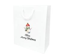 COOKIES AND KOALAS Personalised Xmas Gift Bag - Luxury White Printed Gift Bag - Small 20×24×10 cm - Custom Name with Snowman Design - Reusable Christmas Packaging Gift for Family, Friends or Kids