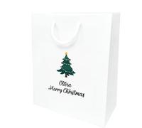 COOKIES AND KOALAS Personalised Xmas Gift Bag - Luxury White Printed Gift Bag- Small 20×24×10 cm- Custom Name with Christmas Tree Design - Reusable Christmas Packaging Gift for Family, Friends or Kids