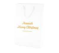 COOKIES AND KOALAS White Christmas Gift Bag - Medium Tall 25x36x10cm Foil | Any name in gold or silver metallic print on matt card - rope handle, ready for secret santa, him, her or family, UK printed