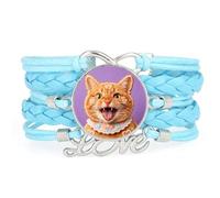 Cookies Cat charm Girl love adjustable leather braided Texture bracelet Blu