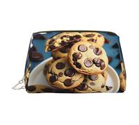 Cookies Food Chocolate Chips Biscuits Print Premium Leather Toiletry Travel Pouch with Waterproof Portable Pouch Open Flat Makeup Bag
