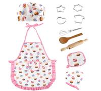 Cooking and Baking Sets for Kids - 11 Pcs Kids Aprons for Girls Toddler Chef Hat Apron Dress Up Chef Costume, Little Girl Apron Sets Pretend Gifts for 2 3 4 5 6 7 8 Years Old Girls (Cake pattern)