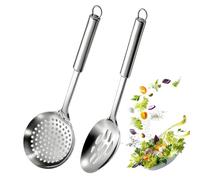 Cooking Slotted Spoon Long Handled Oil Strainer Kitchen Utensil Metal | Set of 2 metal frying strainer spoons for the kitchen for serving hot food, meat, pasta, pasta and roasts