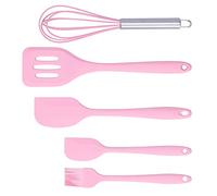 Cooking Spatula Set Silicone Baking Scraper Heat Resistant Egg Beater Kitchen Utensil for Baking Cooking Stirring 5 Piece Set Food Grade Silicone Non Stick Dishwasher Safe (Pink)