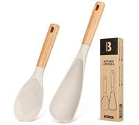 Cooking Spoon and Rice Scooper for Nonstick Cookwares, Great for Cooking and Serving Sturdy BPA-Free Matte Silicone, Wood Handle Spoon for Mixing, Scoop, and Scrape (Khaki)