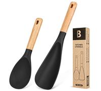 Cooking Spoon and Rice Scooper for Nonstick Cookwares, Great for Cooking and Serving Sturdy BPA-Free Matte Silicone, Wood Handle Spoon for Mixing, Scoop, and Scrape (Black)