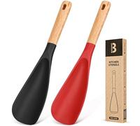 Cooking Spoon for Nonstick Cookwares, Great for Cooking and Serving Durable BPA-Free Matte Silicone, Wood Handle Spoon for Mixing, Scoop, and Scrape (Black & Red, 11.4 inch)