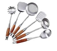 Cooking Utensils Set 304 Stainless Steel Wooden Handle Cooking Utensil Spatula Shovel Spoon Colander Kitchen Cookware 6Pcs Set
