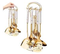 Cooking Utensils Set Stainless Steel 7Pcs/Set Kitchen Utensils Set Stainless Steel Gold Utensils Set for Cooking with Utensil Holder Dishwasher Safe Hanging Metal Kitchenware Set(Golden)