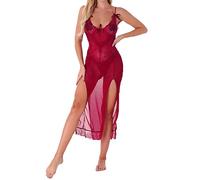 COOKOE Sexy Women Sleeveless Sheer Floral Lace Long Nightdress Nightwear Lingerie See-through Mesh Split Dress