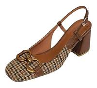 COOKOE Women Vintage Plaid Buckle Lady Sandals Metal Decoration High Heels Summer Square Toe Pumps for Mid Heel Female Pumps