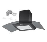 Cookology CGL900BK/A Cooker Hood Chimney Kitchen Extractor Fan 90cm with Ducting Kit, Wall Mounted External Ventilation, Curved Glass, Energy Rating A, 3 Speed Settings, LED, Adjustable Height - Black