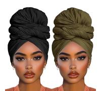 COOKOO 2 Piece Stretch Head Wraps Jersey Turban Fashion Head Scarf Long Solid Color Head Bands Ties African Hair Wraps for Women