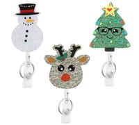 COOKOOKY 3 Pack Christmas Badge Reel Retractable, Nurse ID Name Card with Alligator Swivel Clip, Cute Elk Snowman Christmas Tree Badge Holder for Nurse Student