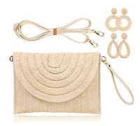 COOKOOKY Straw Clutch Handbag Summer Beach Straw Purse for Women woven Envelope Bag, Beige Bag and Rattan Earrings