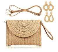 COOKOOKY Straw Clutch Handbag Summer Beach Straw Purse for Women woven Envelope Bag, Light Brown Bag and Rattan Earrings