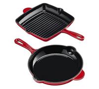 Cooks Professional 2 Piece Cast Iron Frying Pan & Skillet Set | Heavy-Duty Cooking Pans with Enamel Interior | Oven Safe to 260°C, Induction & All Hob Compatible | PFAS, PFOA & PTFE-Free | Red