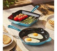 Cooks Professional 2 Piece Cast Iron Frying Pan & Skillet Set | Heavy-Duty Cooking Pans with Enamel Interior | Oven Safe to 260°C, Induction & All Hob Compatible | PFAS, PFOA & PTFE-Free | Teal