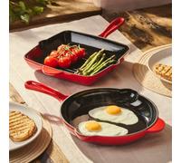 Cooks Professional 2 Piece Cast Iron Frying Pan & Skillet Set | Heavy-Duty Cooking Pans with Enamel Interior | Oven Safe to 260°C, Induction & All Hob Compatible | PFAS, PFOA & PTFE-Free | Red
