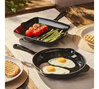 Cooks Professional 2 Piece Cast Iron Frying Pan & Skillet Set With Enamel Interior - Oven Safe, Suitable For All Hobs - Black