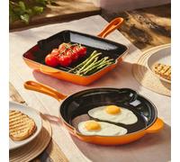 Cooks Professional 2 Piece Cast Iron Frying Pan & Skillet Set With Enamel Interior - Oven Safe, Suitable For All Hobs - Orange
