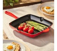 Cooks Professional 26cm Cast Iron Skillet Pan | Square Heavy Duty Grill Griddle Frying Pan with Enamel Interior | Oven Safe to 260°C, Induction & All Hob Compatible | PFAS, PFOA & PTFE-Free | Red
