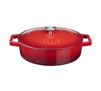 Cooks Professional 28cm Cast Iron Shallow Casserole Dish 4.3L with Lid & Handles | Colourful Modern Enamelled Cooking Pan Pot | Suitable For All Hobs Inc Induction | Oven & Grill Safe | Red