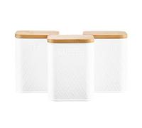 Cooks Professional 3 Piece Embossed Tea, Coffee & Sugar Cannister Set with Bamboo Lids | Diamond Pattern Labelled Stainless Steel Kitchen Storage Bins Airtight Containers | White