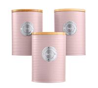 Cooks Professional 3 Piece Ribbed Tea, Coffee, & Sugar Cannisters with Air-Tight Bamboo Lids | Stainless Steel Kitchen Storage Bin Set | Modern & Stylish | Pink & Silver
