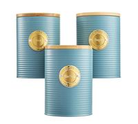 Cooks Professional 3 Piece Ribbed Tea, Coffee, & Sugar Cannisters with Air-Tight Bamboo Lids | Stainless Steel Kitchen Storage Bin Set | Modern & Stylish | Teal & Gold