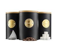 Cooks Professional 3 Piece Ribbed Cannisters with Air-Tight Bamboo Lids | Air-Tight Bamboo Lids, Stainless Steel Kitchen Storage Bin Set, Modern & Stylish Design | Black & Gold