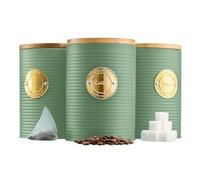 Cooks Professional 3 Piece Ribbed Cannisters with Air-Tight Bamboo Lids | Air-Tight Bamboo Lids, Stainless Steel Kitchen Storage Bin Set, Modern & Stylish Design | Green & Gold