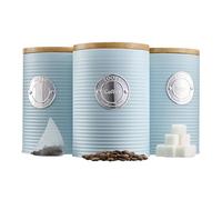 Cooks Professional 3 Piece Ribbed Cannisters with Air-Tight Bamboo Lids | Air-Tight Bamboo Lids, Stainless Steel Kitchen Storage Bin Set, Modern & Stylish Design | Blue & Silver