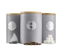 Cooks Professional 3 Piece Ribbed Tea, Coffee, & Sugar Cannisters with Air-Tight Bamboo Lids | Stainless Steel Kitchen Storage Bin Set | Modern & Stylish | Grey & Silver