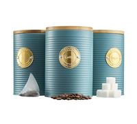 Cooks Professional Kitchen Storage Set | 3-Piece Ribbed with Bamboo Lids | Tea Coffee Sugar | Teal/Brass