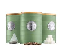 Cooks Professional 3 Piece Ribbed Tea, Coffee, & Sugar Cannisters with Air-Tight Bamboo Lids | Stainless Steel Kitchen Storage Bin Set | Modern & Stylish | Green & Silver