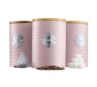 Cooks Professional 3 Piece Ribbed Tea, Coffee, & Sugar Cannisters with Air-Tight Bamboo Lids | Stainless Steel Kitchen Storage Bin Set | Modern & Stylish | Pink & Silver
