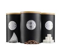 Cooks Professional Kitchen Storage Set | 3-Piece Ribbed with Bamboo Lids | Tea Coffee Sugar | Black/Silver